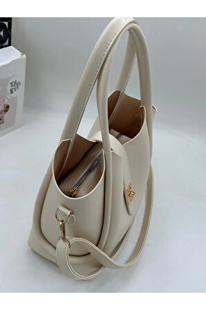 Demir Toka Kemerli Çift Askılı Makyaj Çantalı Zarif Suni Deri Kadın El Ve Omuz Çantası