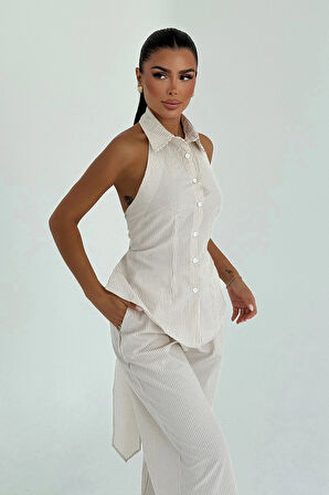 Bej Moxie Çizgili Arkadan Bağlamalı Takım ATE-3311