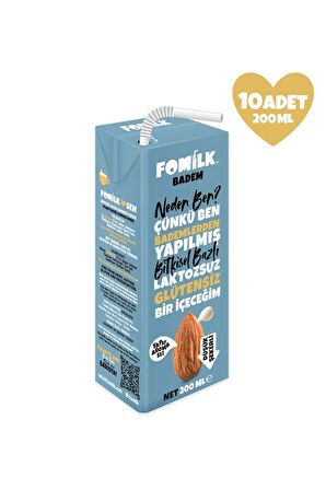 Badem Sütü Glutensiz Bitkisel Bazlı Laktozsuz Vegan 200 Ml x 10 Adet