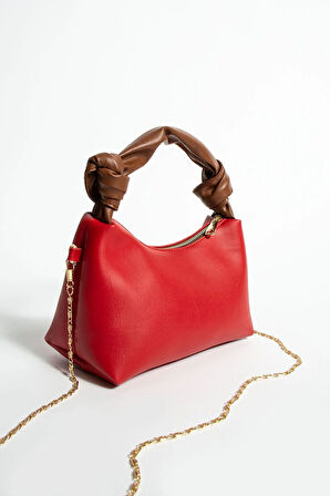 Kadın Soft Deri Düğüm Detaylı Kulplu Zincir Askılı Mini El Omuz Baget Çanta