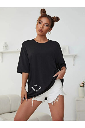 Minimal Kalp Baskılı Acık Kahverengi Oversize Tshirt