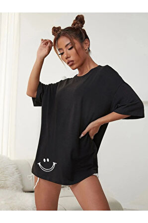 Minimal Kalp Baskılı Acık Kahverengi Oversize Tshirt