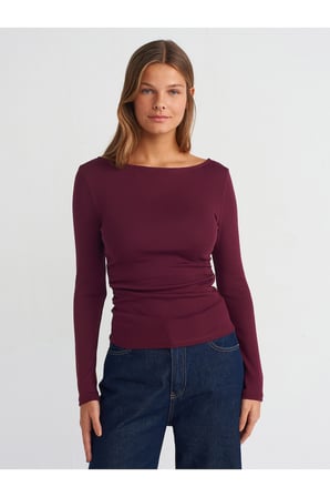 31401 Büzgülü Kayık Yaka Top-Siyah