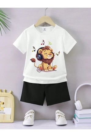 Yazlık Şarkı Dinleyen Aslan Baskılı Erkek Kız Çocuk Siyah Şort, Beyaz T-Shirt Takım