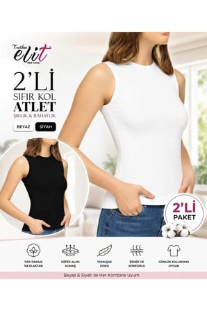 Kadın Sıfır Kol Elastan Bisiklet Yaka Sıfır Kollu Pamuklu Atlet 2'li Paket - (1 Beyaz 1 Siyah)