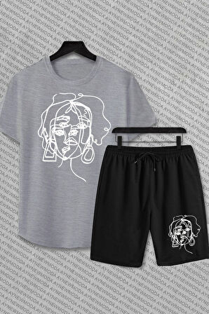 Aesthetic Kadın Çizim Baskılı şort Ve T-shirt Alt Üst Takımı