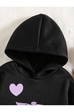 Kız Çocuk Unicorn Kalp Baskılı Kapüşonlu Sweatshirt Eşofman Takımı