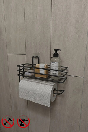 Yapışkanlı Raflı Kağıt Rulo Havluluk Peçetelik Siyah Banyo Mutfak Düzenleyici Raf