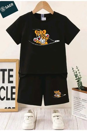 Baskılı Bisiklet Yaka Erkek ve Kız Çocuk Takımı Pamuklu T-shirt ve Şort, Yazlık Konforlu Takım