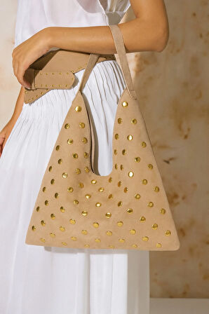 Lüks Suet Deri Gold Taşlı İkonik Üçgen Omuz Çantası