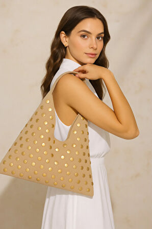 Lüks Suet Deri Gold Taşlı İkonik Üçgen Omuz Çantası