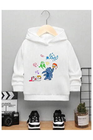 Çocuk Tasarım Boyacı Stitch Baskılı Kapüşonlu Sweatshirt Pamuklu
