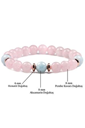 Akuamarin - Pembe Kuvars Doğal Taş Bileklik 8 mm