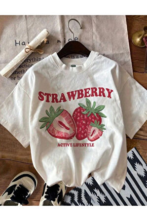 Unisex Çilek Baskılı Oversize T-Shirt