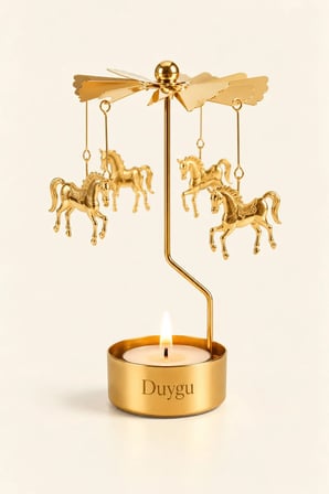Kişiye Özel İsimli Dönen Mumluk Atlı Karınca At Figürlü Altın Metal Tealight Mum Tutucu 15 cm
