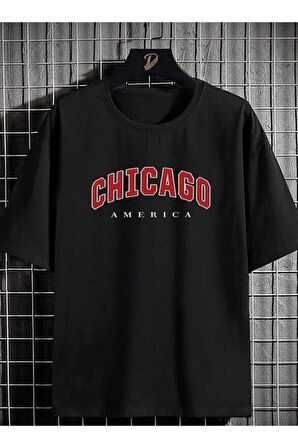 Siyah Chicago Baskılı Oversize Penye T-shirt Tişört