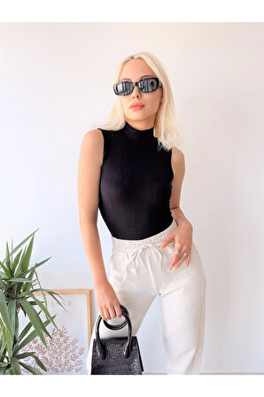 Kadın Siyah Kolsuz Dik Yaka Kaşkorse Viskon Bluz