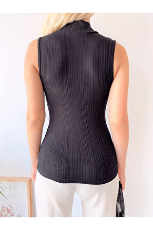 Kadın Siyah Kolsuz Dik Yaka Kaşkorse Viskon Bluz