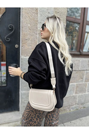Kadın Krem Kalın Çapraz Askılı Çanta