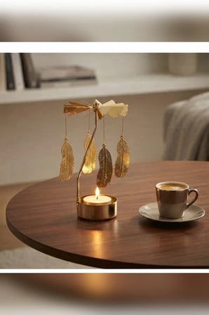 Kişiye Özel İsimli Dönen Mumluk Tüy Figürlü Altın Metal Tealight Mum Tutucu Dekoratif Hediye 15 cm