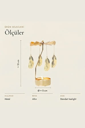Kişiye Özel İsimli Dönen Mumluk Tüy Figürlü Altın Metal Tealight Mum Tutucu Dekoratif Hediye 15 cm