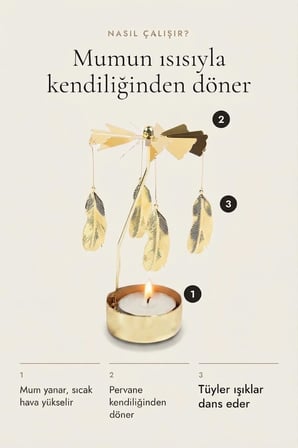 Kişiye Özel İsimli Dönen Mumluk Tüy Figürlü Altın Metal Tealight Mum Tutucu Dekoratif Hediye 15 cm