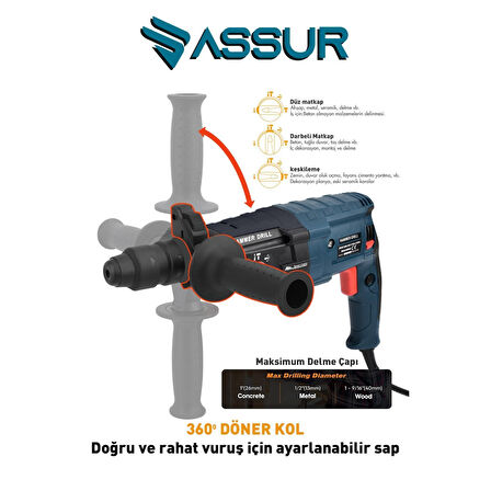 850W Assur Metal Şanzıman Darbeli Matkap Kırıcı Delici Hilti 2-28mm