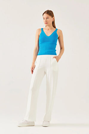 Kadın Mavi Kolsuz Askılı Bel ve Yaka Detaylı Yazlık Atlet Triko Bluz