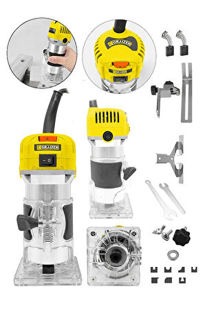 6 Kademe Devir Ayarlı Formika Traşlama Freze Makinesi 6 Mm + 12 Adet Uç Hediye Sarı