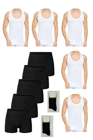 Ekonomik Pamuklu 5'li Erkek Beyaz Atlet-Boxer Set 2 çift Çorap Hediyeli