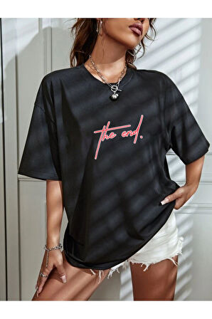 LUNAVISTA Aynewmoda The End Baskılı Beyaz Oversize Kadın T-shirt