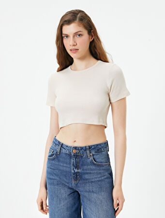 Basic Crop Tişört Ribanalı Kısa Kollu Bisiklet Yaka Slim Fit