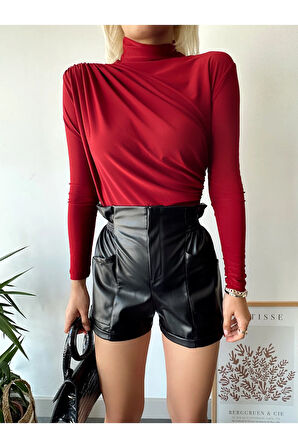 Kadın Kırmızı Dik Yaka Sandy Kumaş Büzgü Detaylı Bluz