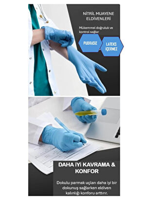 Nitril Muayene Eldiveni Pudrasız Mavi --- L Beden --- 100'lü Paket