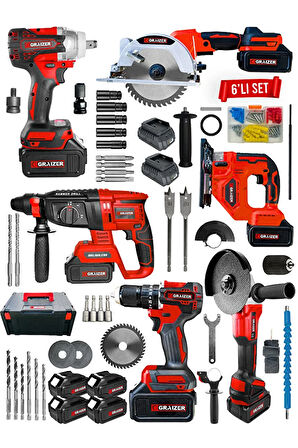 Graizer Profesyonel Kömürsüz Bakır Sargılı Çelik Şanzıman 6'lı Set Sunta Kesme+Dekupaj Kırmızı