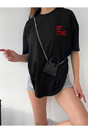 Unisex Siyah Bisiklet Yaka Pamuk Oversize Boyfriend T-shirt