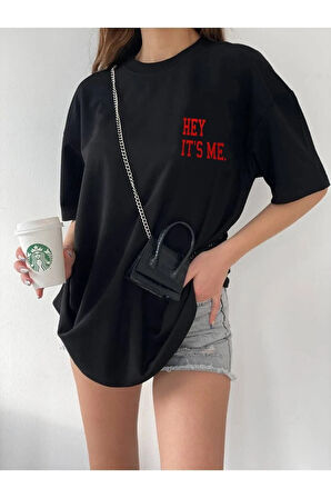 Unisex Siyah Bisiklet Yaka Pamuk Oversize Boyfriend T-shirt