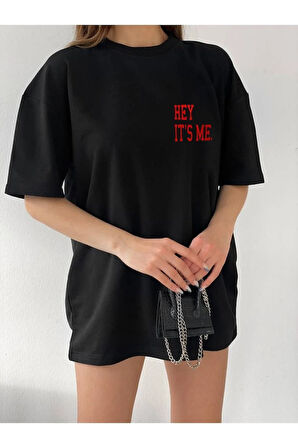 Unisex Siyah Bisiklet Yaka Pamuk Oversize Boyfriend T-shirt