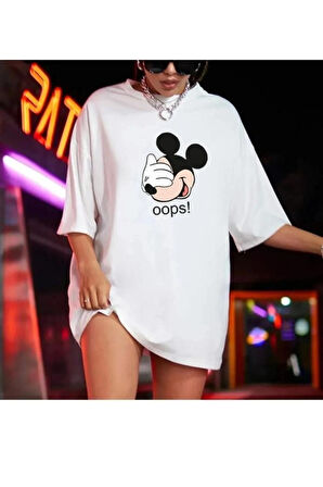 Unisex Tasarım Baskılı Micky Mouse Oops! Oversize %100 Pamuk T-shirt
