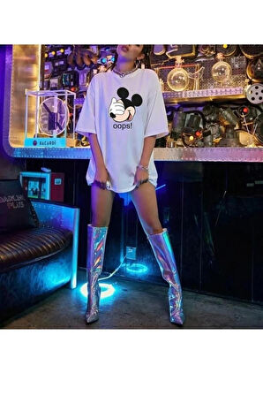 Unisex Tasarım Baskılı Micky Mouse Oops! Oversize %100 Pamuk T-shirt