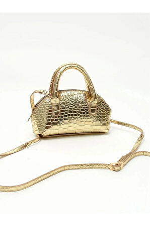 Kadın Parlak Mini Kroko Desen Fermuaralı Kısa ve Uzun Askılı El, Omuz Çantası