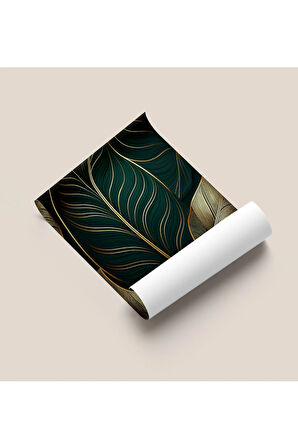 Çerçevesiz Poster, Dijital Baskı Soyut , Zümrüt ve Altın Yaprak