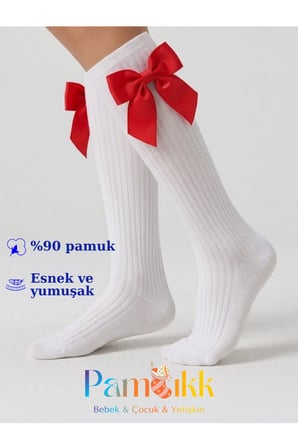 Kız Çocuk Kırmızı Saten Kurdeleli Beyaz Dizaltı Çorap Fiyonklu Okul ve Gösteri Çorabı