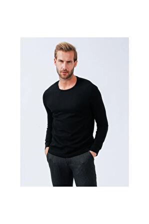 Süvari Bisiklet Yaka Uzun Kol Waffle Slım Kalıp Sweat - Siyah
