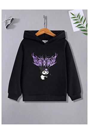 Çocuk Tasarım Kuromi Mor Baskılı Kapüşonlu Sweatshirt Pamuklu