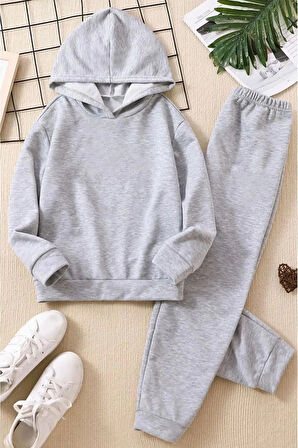 Kız Çocuk Unicorn Kalp Baskılı Kapüşonlu Sweatshirt Eşofman Takımı