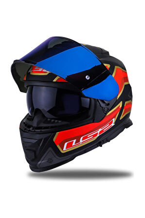 Storm Foggy Kapalı Motosiklet Kaskı Siyah - Kırmızı Mavi Cam