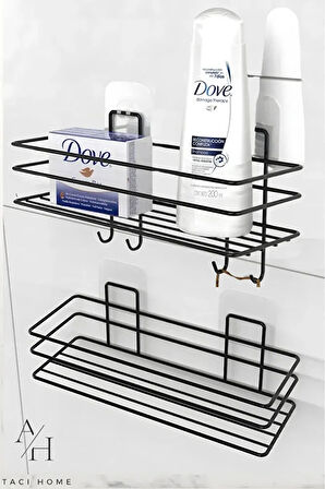 Paslanmaz 2 Li Set Yapışkanlı 4 Kancalı Banyo Rafı Mat Siyah Banyo Şampuanlık Duşakabin Duş Askısı
