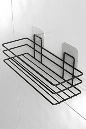 Paslanmaz 2 Li Set Yapışkanlı 4 Kancalı Banyo Rafı Mat Siyah Banyo Şampuanlık Duşakabin Duş Askısı