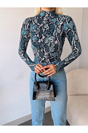 Kadın Mavi Desenli Dik Yaka Uzun Kol Viskon Bluz